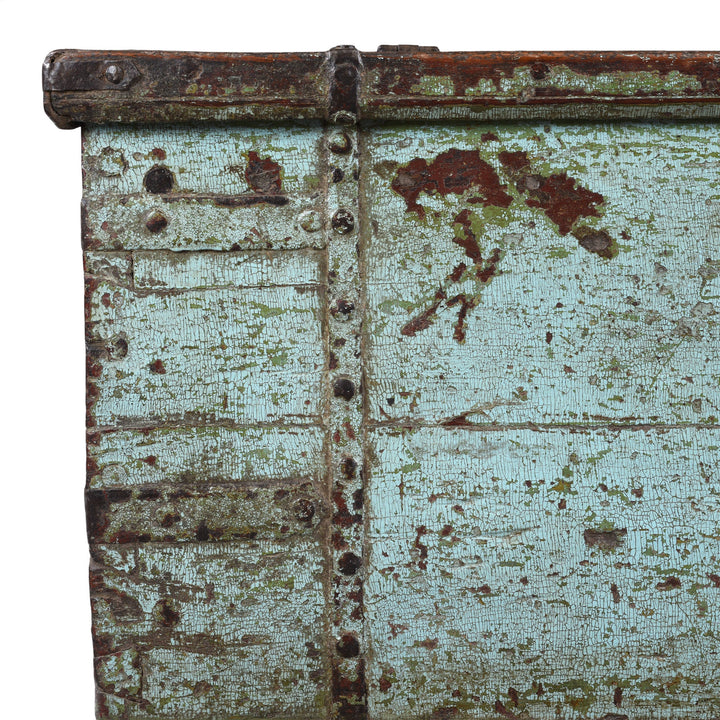 Detailed View Of Paintwork And Iron From Antique Indian Painted Aqua Teak Coffee Table Chest With Iron Strapping
