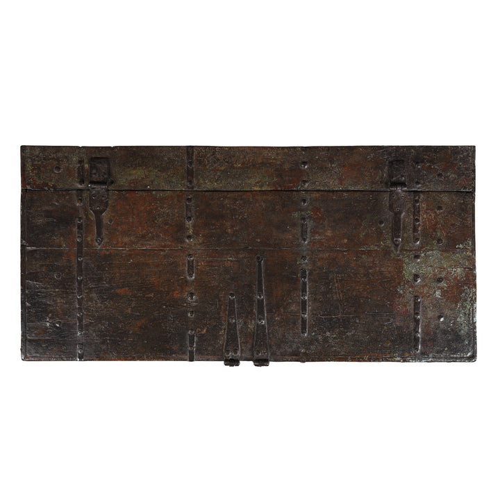 Top Down View Of Antique Indian Painted Aqua Teak Coffee Table Chest With Iron Strapping