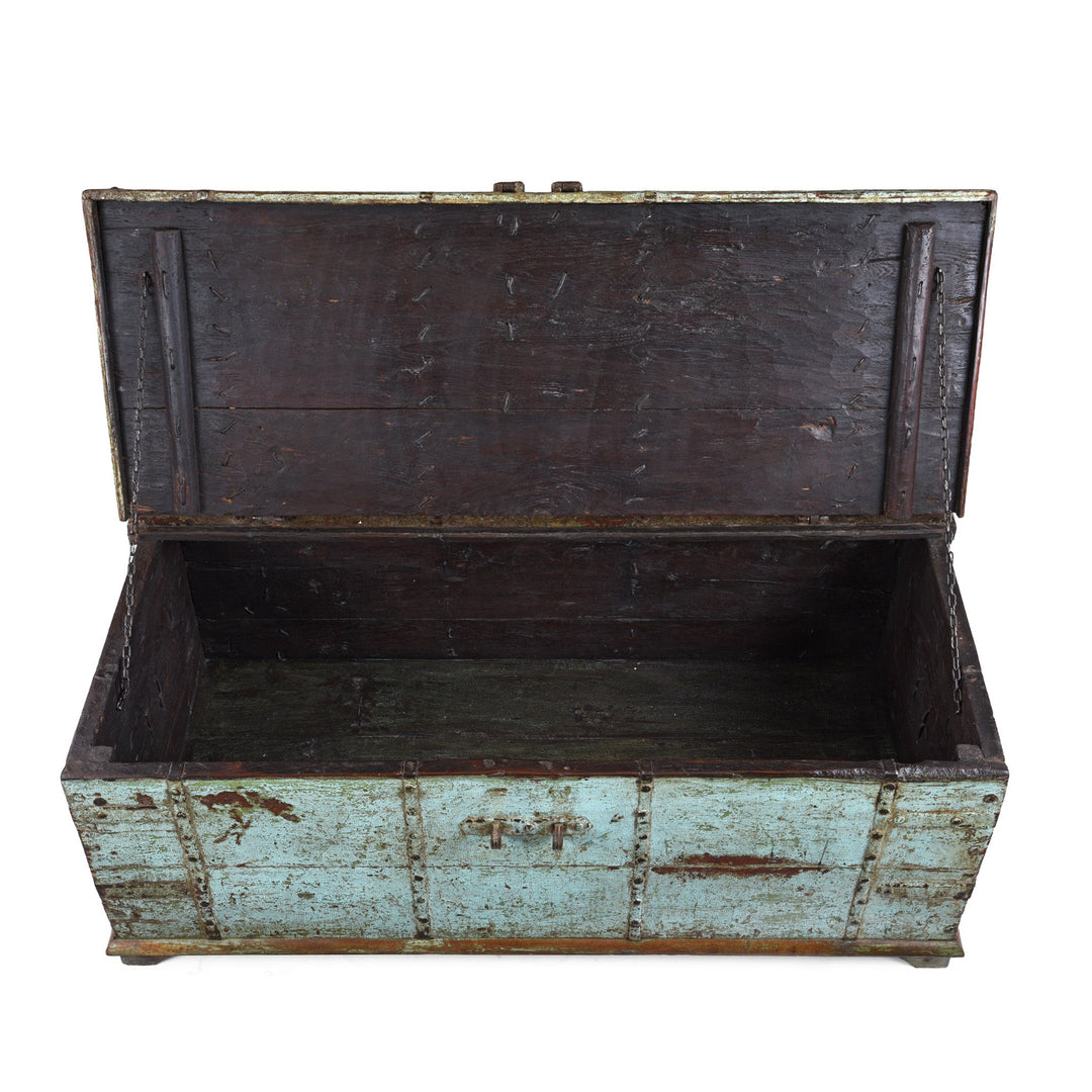 Interior View Of Antique Indian Painted Aqua Teak Coffee Table Chest With Iron Strapping