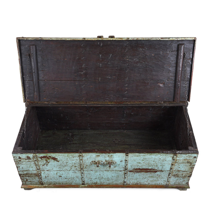 Interior View Of Antique Indian Painted Aqua Teak Coffee Table Chest With Iron Strapping