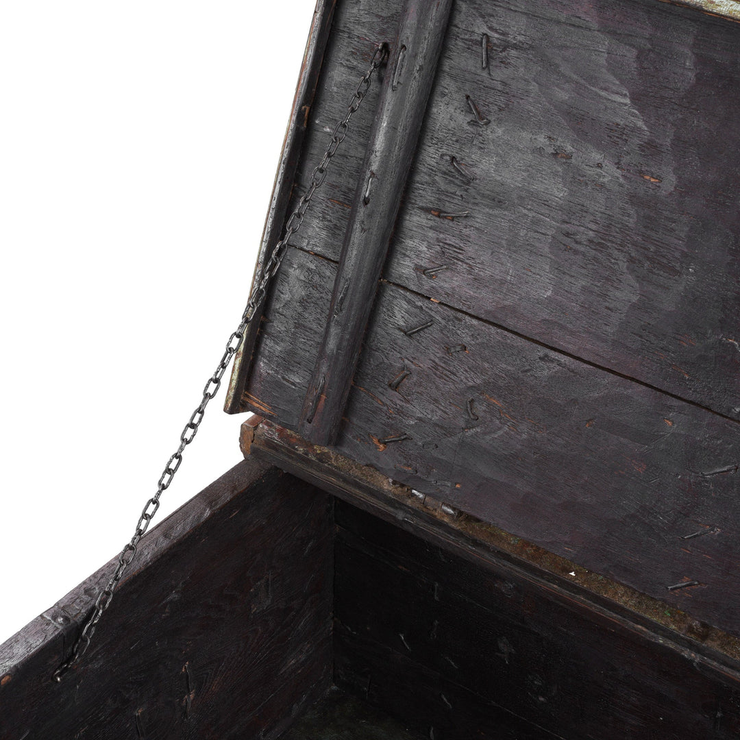 Detailed View Of Chain And Nails From Antique Indian Painted Aqua Teak Coffee Table Chest With Iron Strapping
