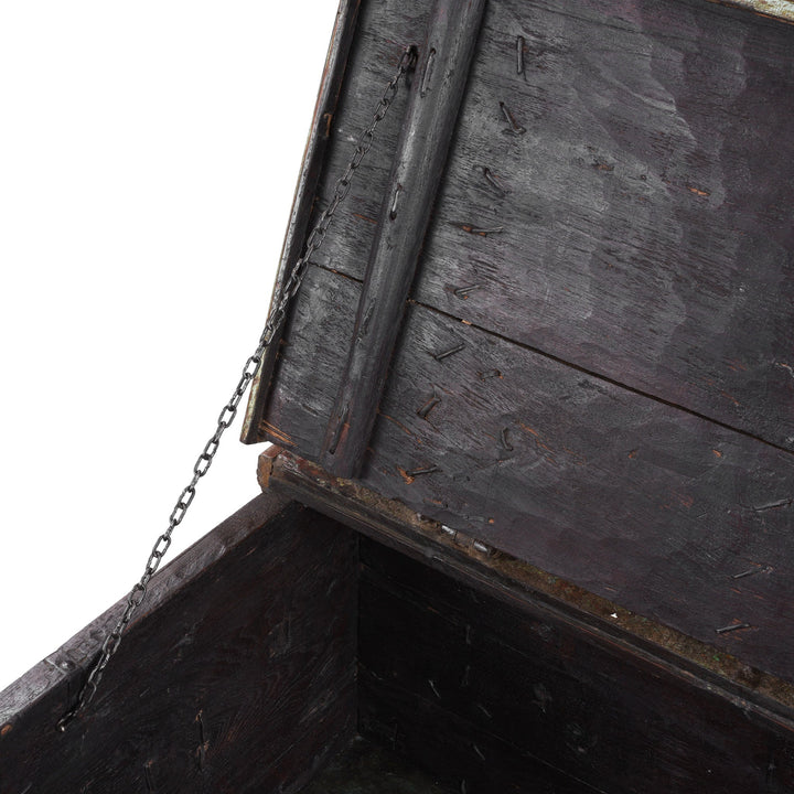 Detailed View Of Chain And Nails From Antique Indian Painted Aqua Teak Coffee Table Chest With Iron Strapping