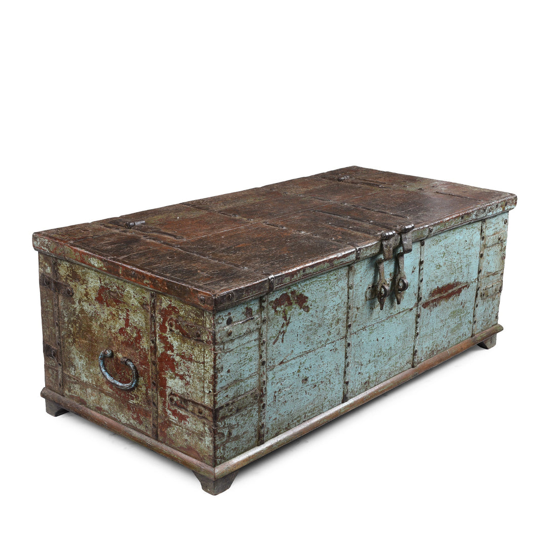 Angled View Of Antique Indian Painted Aqua Teak Coffee Table Chest With Iron Strapping