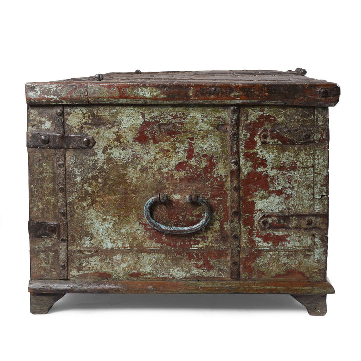 Side View Of Antique Indian Painted Aqua Teak Coffee Table Chest With Iron Strapping