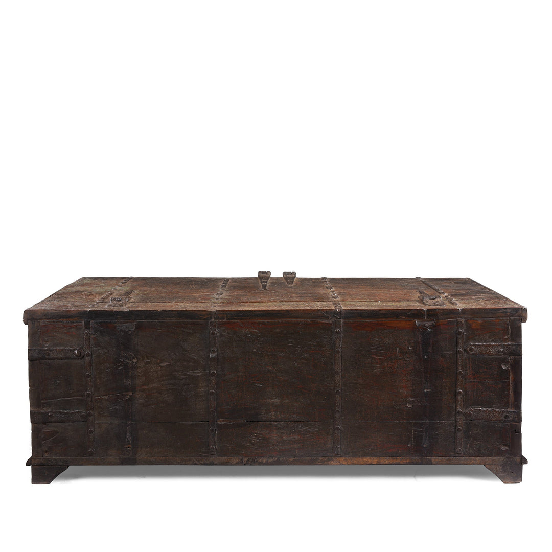 View Of Back Of Antique Indian Painted Aqua Teak Coffee Table Chest With Iron Strapping