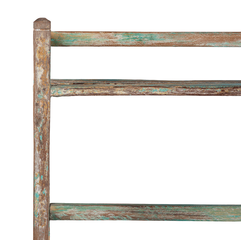 Corner Detail From 1930s Anglo Indian Teak Shelf With Layers Of Blue Green And Brown Paint