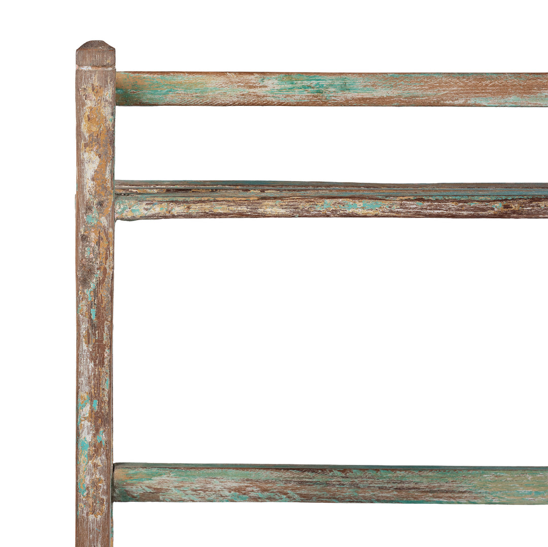 Corner Detail From 1930s Anglo Indian Teak Shelf With Layers Of Blue Green And Brown Paint