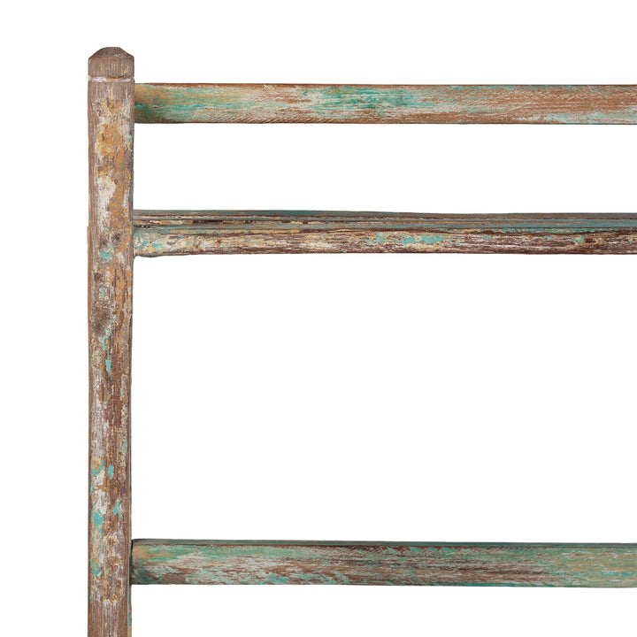 Corner Detail From 1930s Anglo Indian Teak Shelf With Layers Of Blue Green And Brown Paint