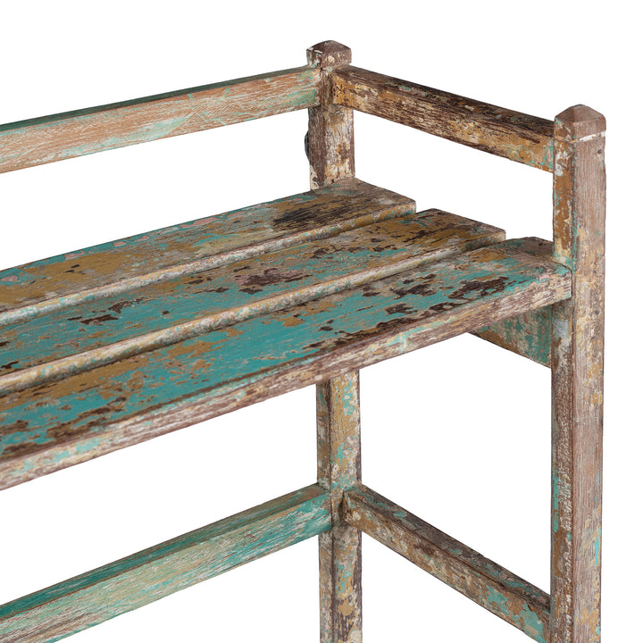 Depth Detail From 1930s Anglo Indian Teak Shelf With Layers Of Blue Green And Brown Paint