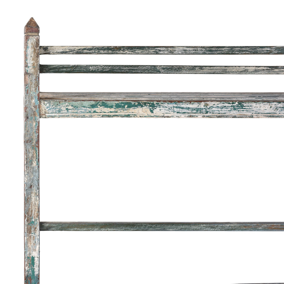 Corner Detail From Vintage Indian Painted Teak Slatted Shelves With Weathered Blue And Brown Finish