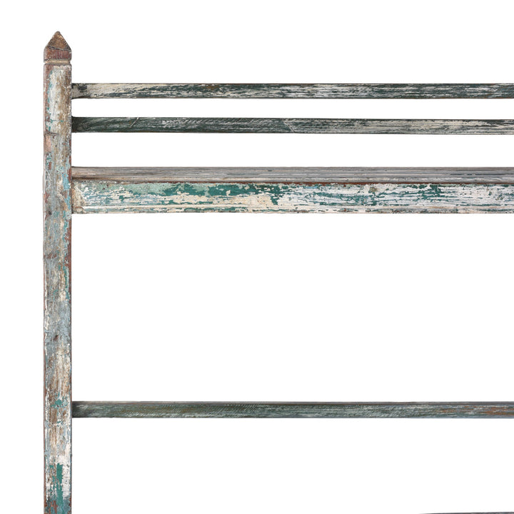 Corner Detail From Vintage Indian Painted Teak Slatted Shelves With Weathered Blue And Brown Finish
