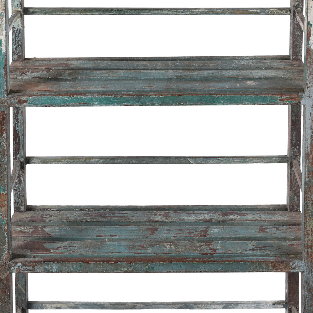 Detail View Of Paintwork From Vintage Indian Painted Teak Slatted Shelves With Weathered Blue And Brown Finish