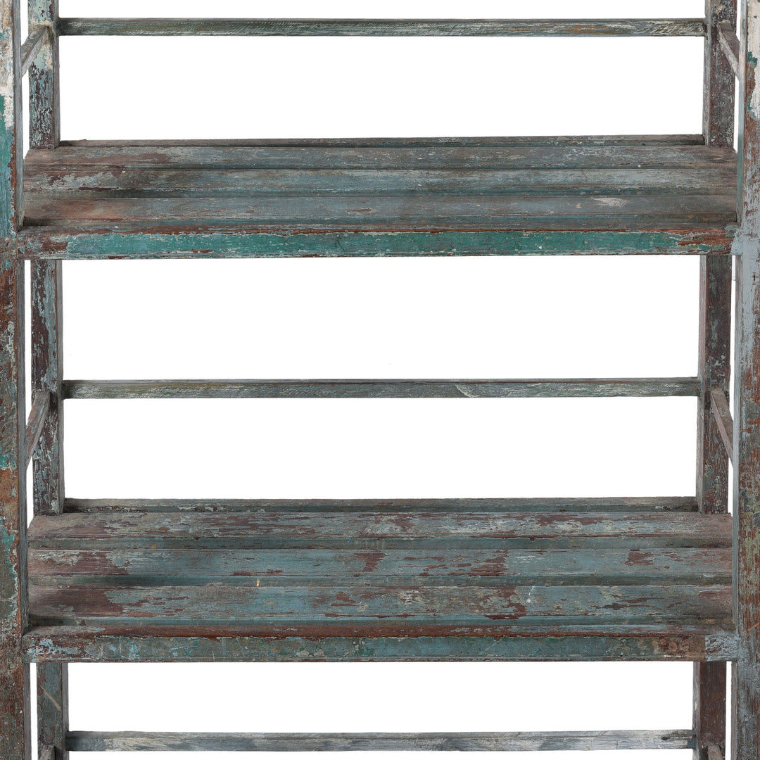 Detail View Of Paintwork From Vintage Indian Painted Teak Slatted Shelves With Weathered Blue And Brown Finish