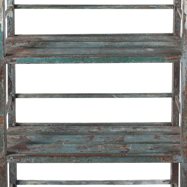 Detail View Of Paintwork From Vintage Indian Painted Teak Slatted Shelves With Weathered Blue And Brown Finish