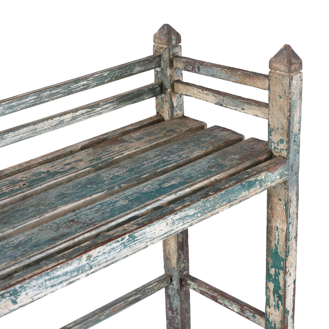 Shelf Detail From Vintage Indian Painted Teak Slatted Shelves With Weathered Blue And Brown Finish