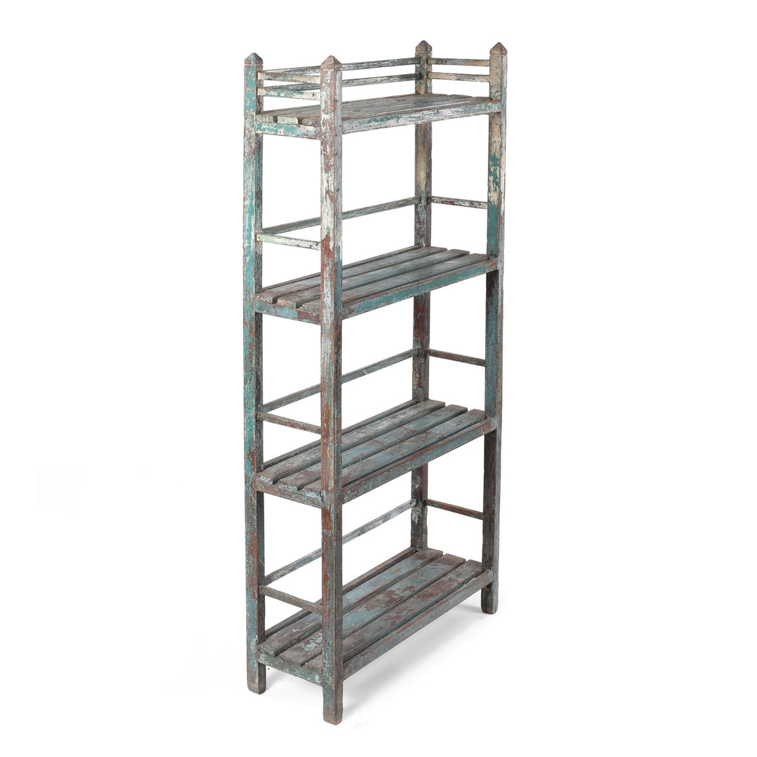 Angled View Of Vintage Indian Painted Teak Slatted Shelves With Weathered Blue And Brown Finish