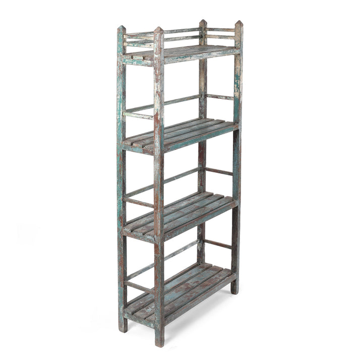 Angled View Of Vintage Indian Painted Teak Slatted Shelves With Weathered Blue And Brown Finish