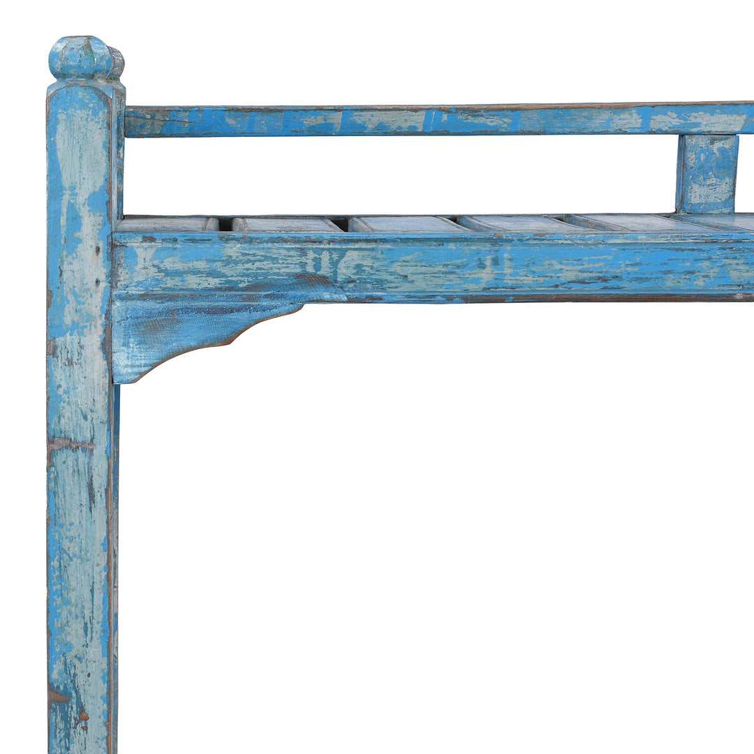 Corner Detail From Anglo Indian Teak Three Tier Slatted Shelf With Original Blue Painted Finish Circa 1930s