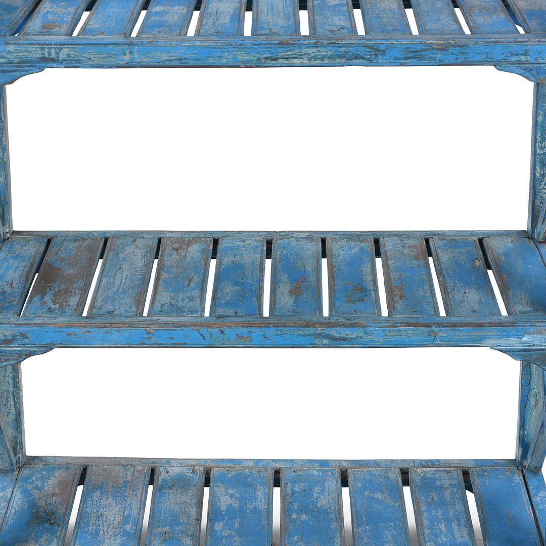 Shelf Detail From Anglo Indian Teak Three Tier Slatted Shelf With Original Blue Painted Finish Circa 1930s