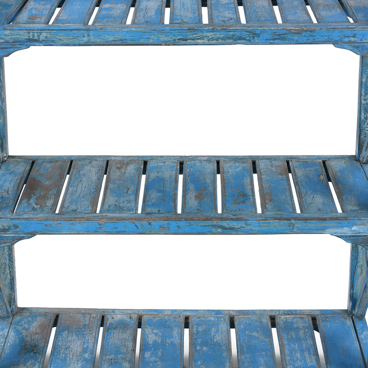 Shelf Detail From Anglo Indian Teak Three Tier Slatted Shelf With Original Blue Painted Finish Circa 1930s