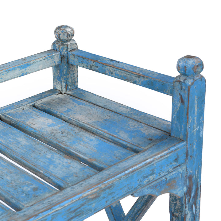 Depth Detail From Anglo Indian Teak Three Tier Slatted Shelf With Original Blue Painted Finish Circa 1930s