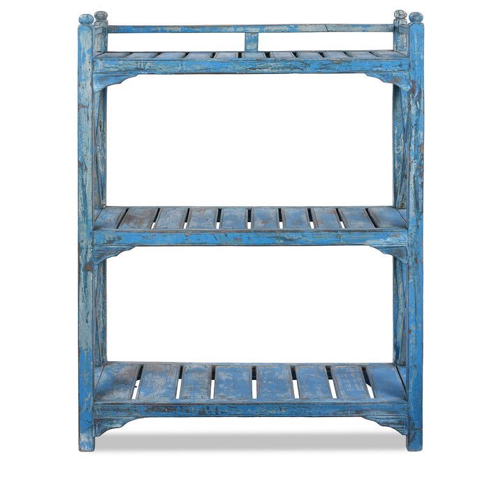 Anglo Indian Teak Three Tier Slatted Shelf With Original Blue Painted Finish Circa 1930s
