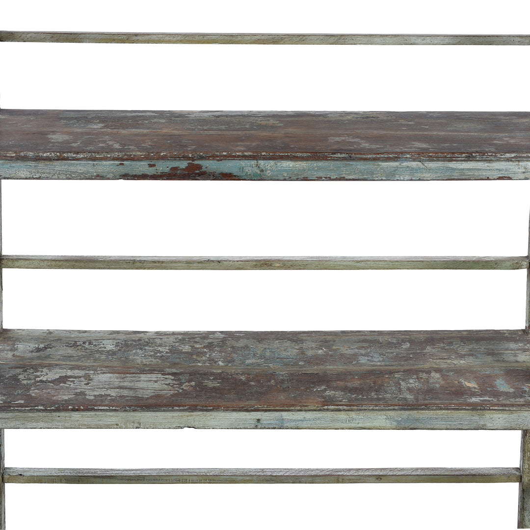 Shelf Detail From 1930s Anglo Indian Teak Shelving Unit With Solid Shelves And Weathered Blue Painted Finish