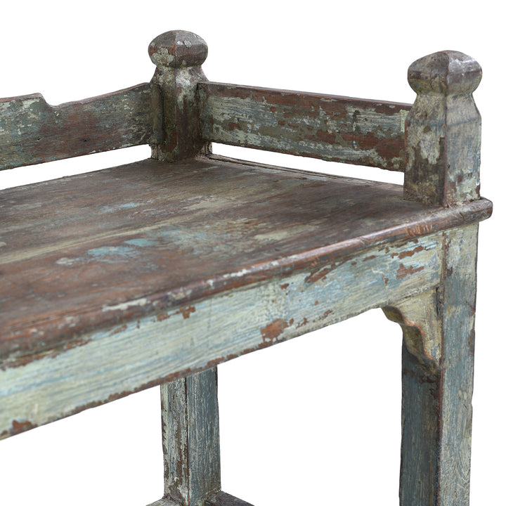 Depth Detail From 1930s Anglo Indian Teak Shelving Unit With Solid Shelves And Weathered Blue Painted Finish