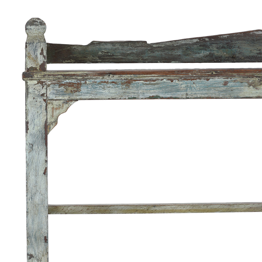 Corner Detail From 1930s Anglo Indian Teak Shelving Unit With Solid Shelves And Weathered Blue Painted Finish