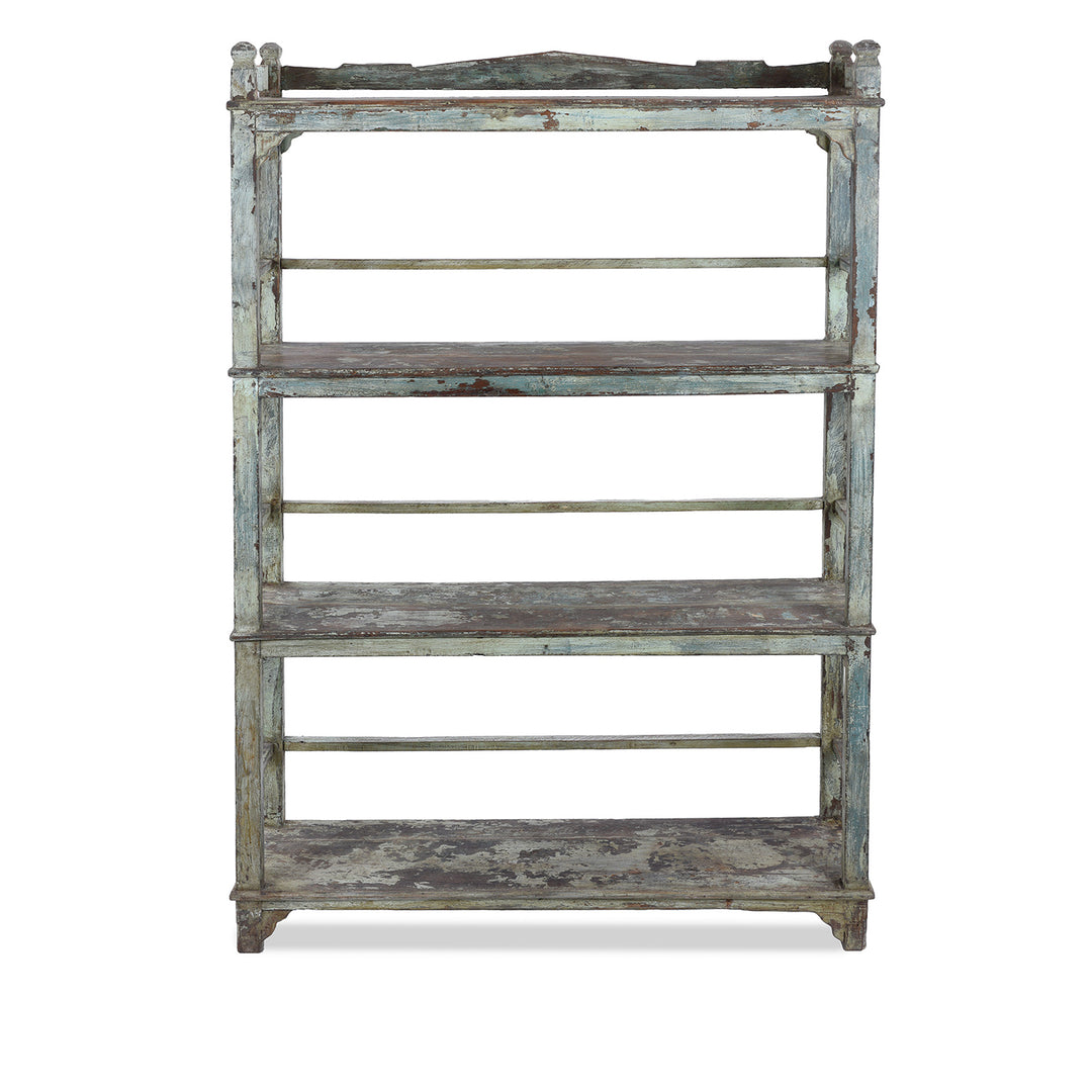 1930s Anglo Indian Teak Shelving Unit With Solid Shelves And Weathered Blue Painted Finish