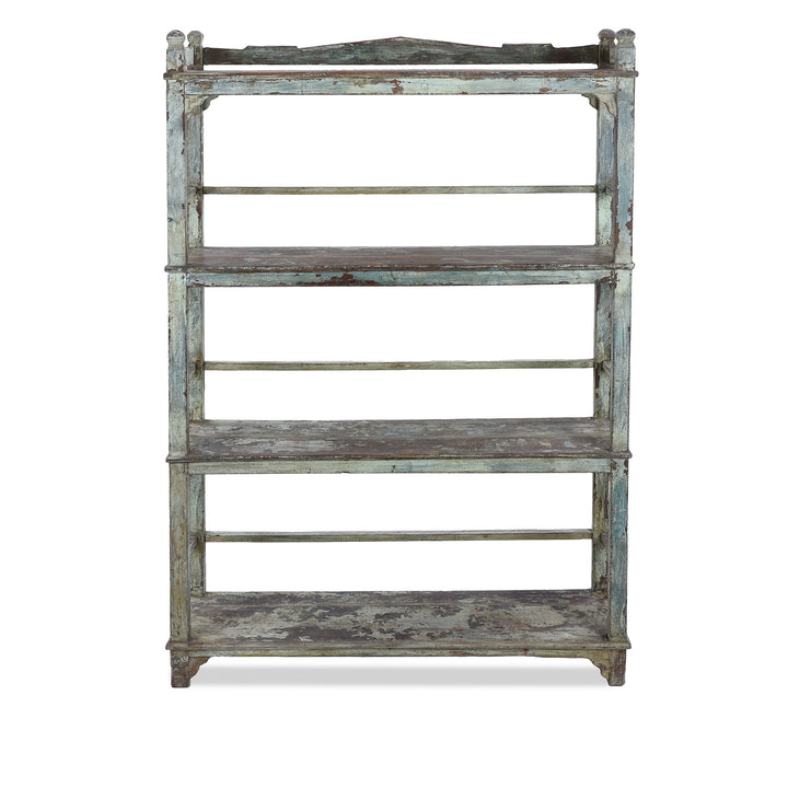 1930s Anglo Indian Teak Shelving Unit With Solid Shelves And Weathered Blue Painted Finish