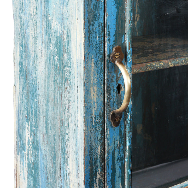 Handle Detail From Vintage Blue Painted Glazed Wall Cabinet | Indigo Antiques
