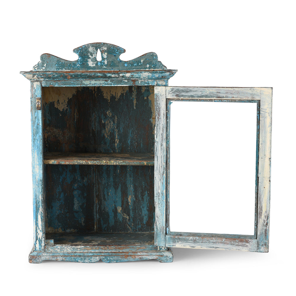 Interior VIew Of Vintage Blue Painted Glazed Wall Cabinet | Indigo Antiques