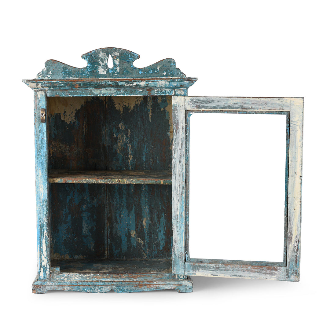 Interior VIew Of Vintage Blue Painted Glazed Wall Cabinet | Indigo Antiques
