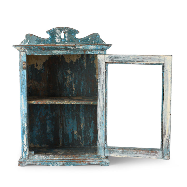 Interior VIew Of Vintage Blue Painted Glazed Wall Cabinet | Indigo Antiques
