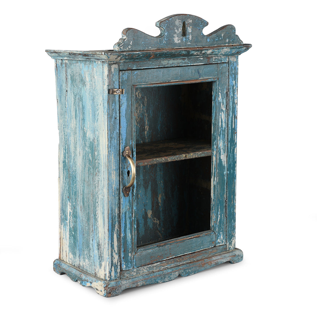 Angled VIew Of Vintage Blue Painted Glazed Wall Cabinet | Indigo Antiques