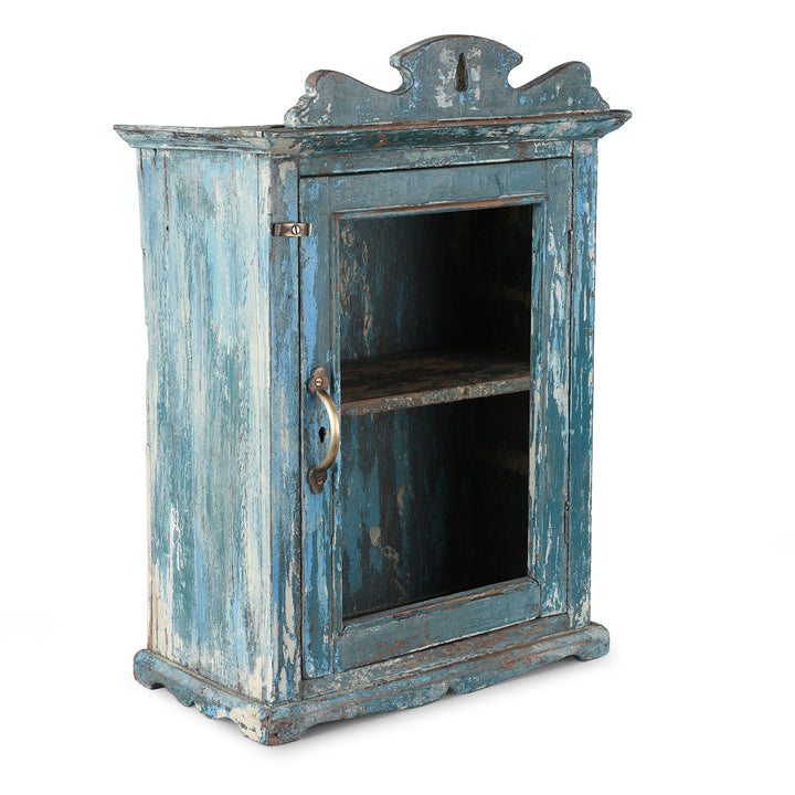 Angled VIew Of Vintage Blue Painted Glazed Wall Cabinet | Indigo Antiques