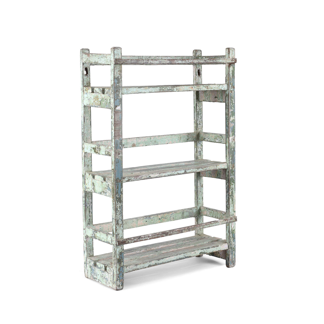 Angled View Of Vintage Small Painted Indian Slatted Shelf