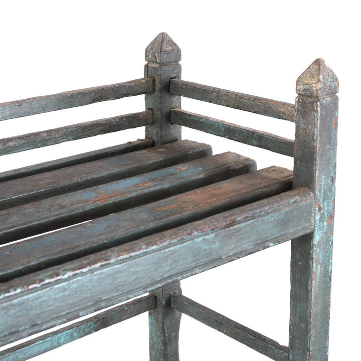 Shelf Detail From Small Vintage Indian Blue Painted Indian Slatted Shelf