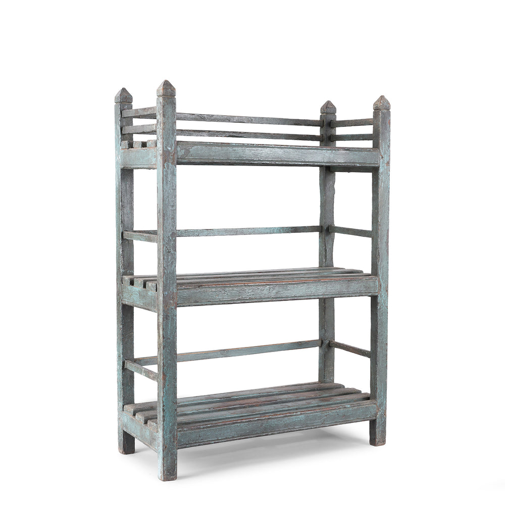 Angled VIew Of Small Vintage Indian Blue Painted Indian Slatted Shelf