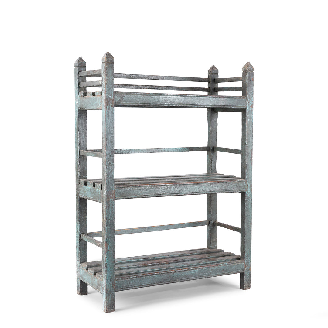 Angled VIew Of Small Vintage Indian Blue Painted Indian Slatted Shelf