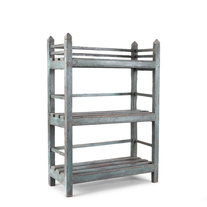 Angled VIew Of Small Vintage Indian Blue Painted Indian Slatted Shelf