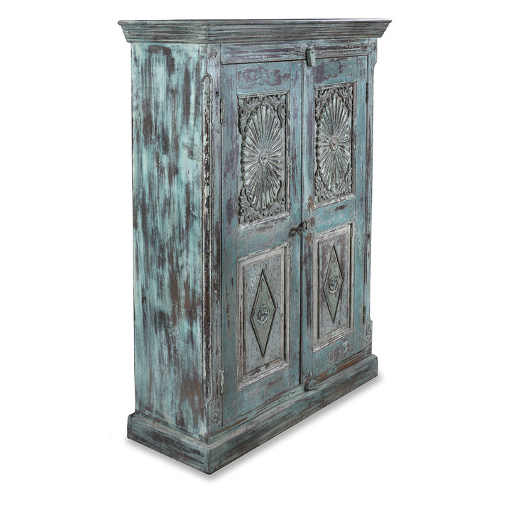 Angled VIew Of 19th Century Painted Teak Almirah Cabinet With Portuguese Influenced Sunburst Carved Panels From Gujarat India | Indigo Antiques