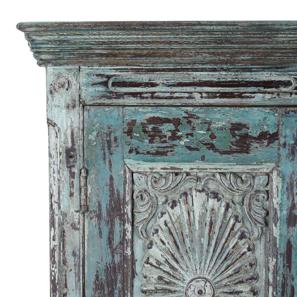 Corner Detail From 19th Century Painted Teak Almirah Cabinet With Portuguese Influenced Sunburst Carved Panels From Gujarat India | Indigo Antiques