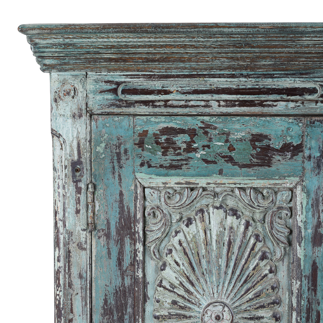 Corner Detail From 19th Century Painted Teak Almirah Cabinet With Portuguese Influenced Sunburst Carved Panels From Gujarat India | Indigo Antiques
