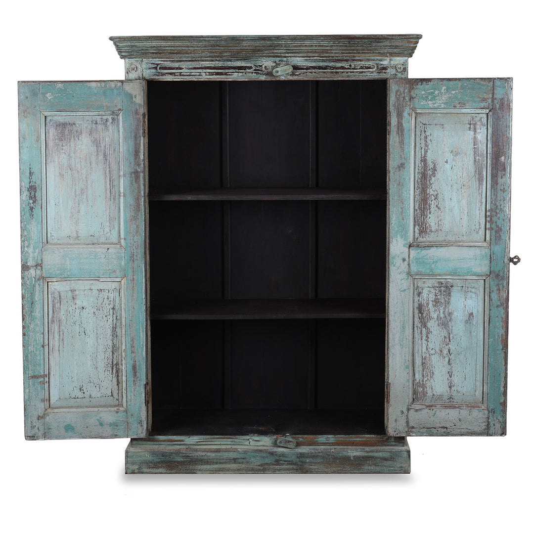 Interior Of 19th Century Painted Teak Almirah Cabinet With Portuguese Influenced Sunburst Carved Panels From Gujarat India | Indigo Antiques