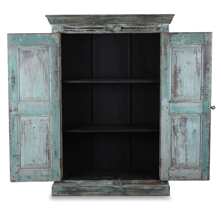 Interior Of 19th Century Painted Teak Almirah Cabinet With Portuguese Influenced Sunburst Carved Panels From Gujarat India | Indigo Antiques