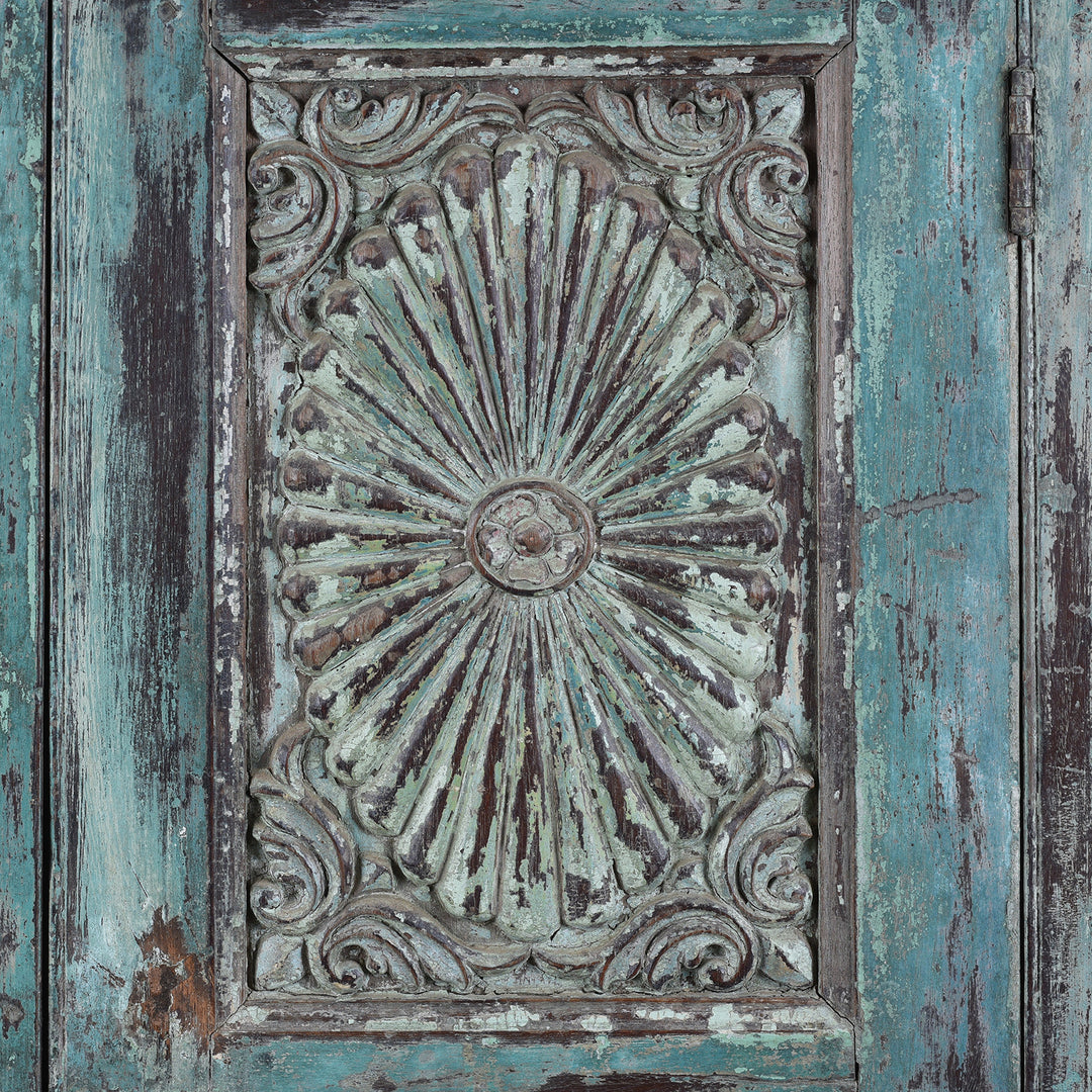 Carving Detail From 19th Century Painted Teak Almirah Cabinet With Portuguese Influenced Sunburst Carved Panels From Gujarat India | Indigo Antiques