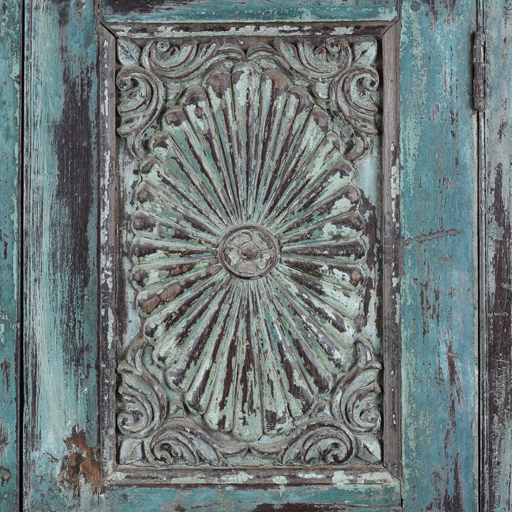 Carving Detail From 19th Century Painted Teak Almirah Cabinet With Portuguese Influenced Sunburst Carved Panels From Gujarat India | Indigo Antiques