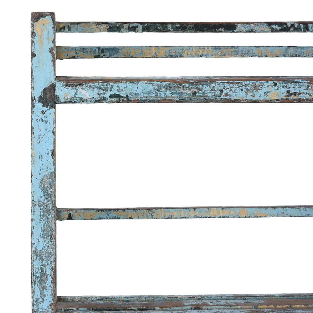 Corner Detail From Vintage Blue Painted Indian Slatted Teak Shelf | Indigo Antiques